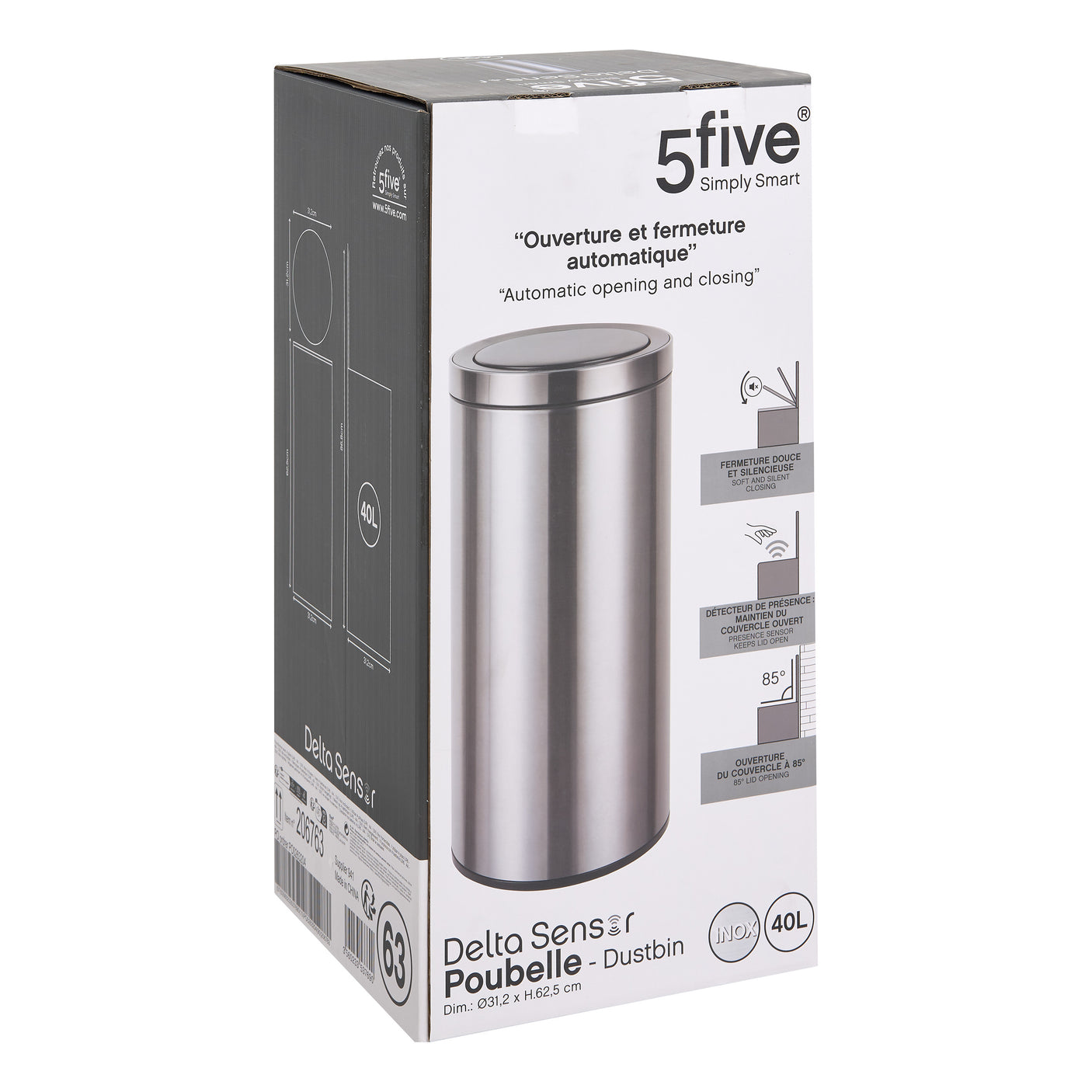 Sort sensorbøtte på 40 liter fra 5Five Simply Smart vist i original emballasje.