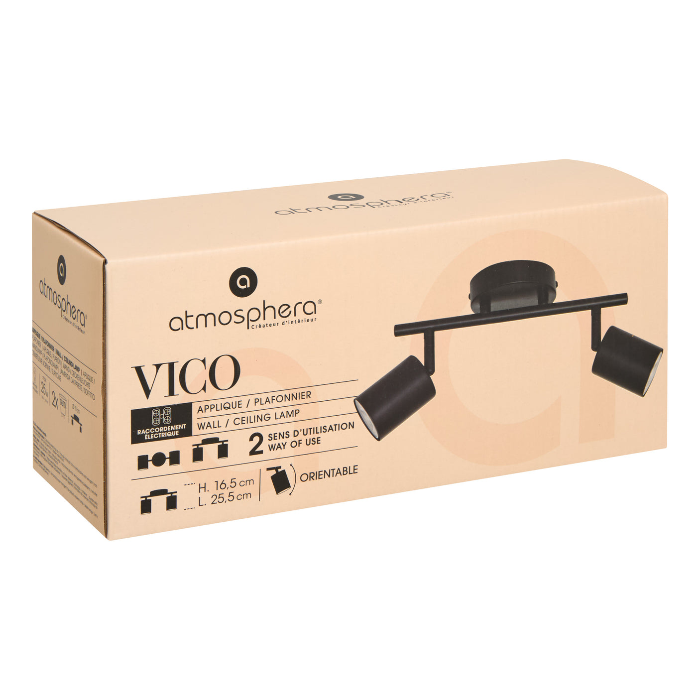 Vegg og taklampe Vico med 2 sorte spotter – emballasje 1
