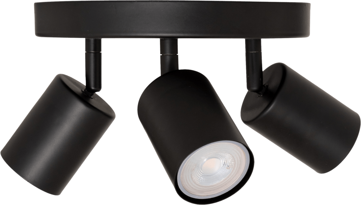 Vico plafond i sort med tre bevegelige spotlights sett skrått forfra
