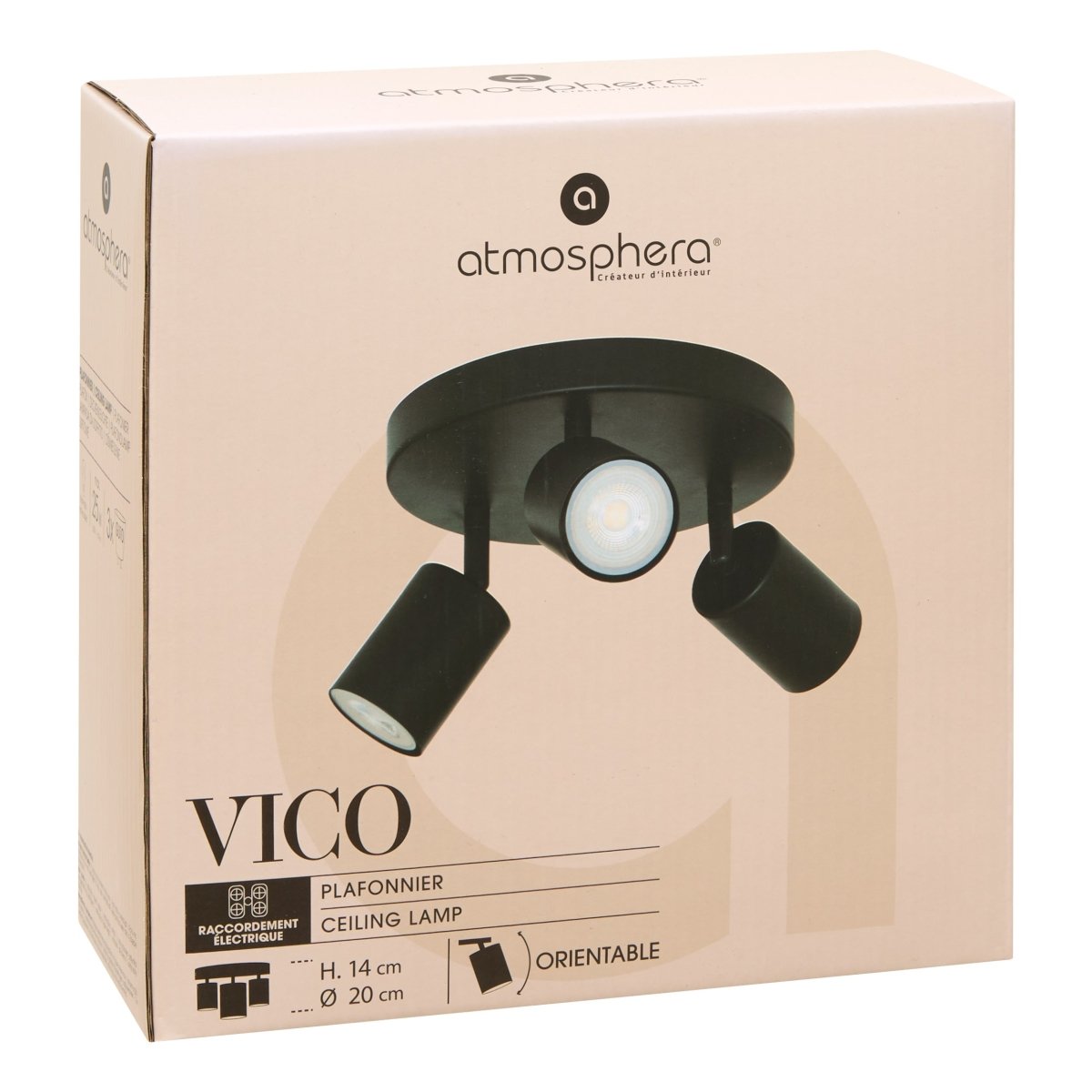Sort Vico taklampe med tre spotter tent mot mørk bakgrunn