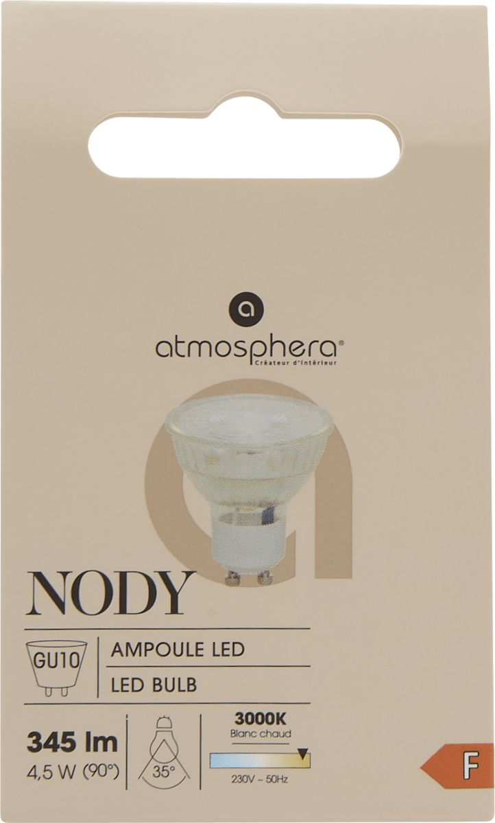 GU10 LED pære 4,5 W i original emballasje med informasjon om 345 lumen og varmhvitt lys