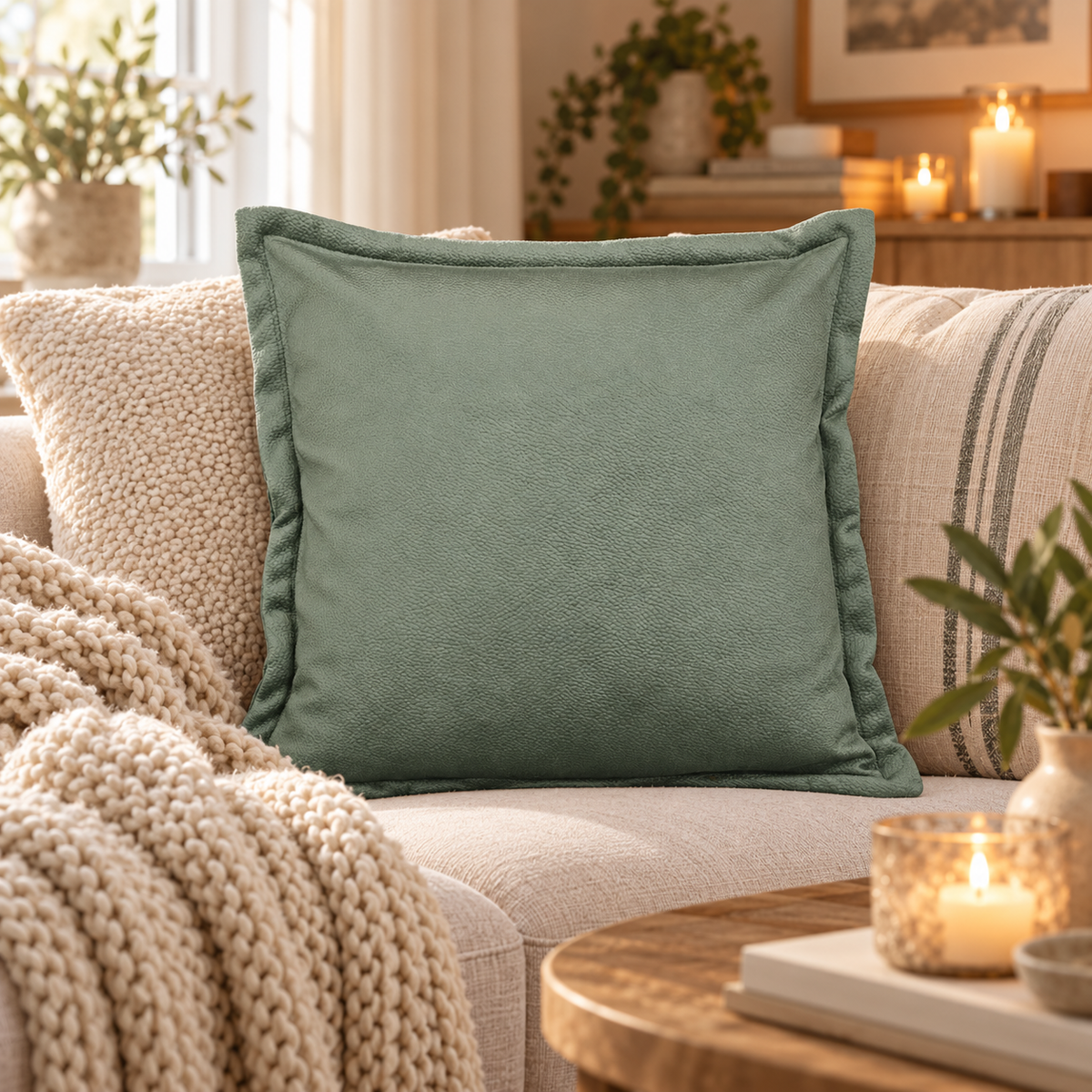 Grønt putetrekk i skinnlook 50 x 50 cm i lys sofa med strikket pledd og lun innredning
