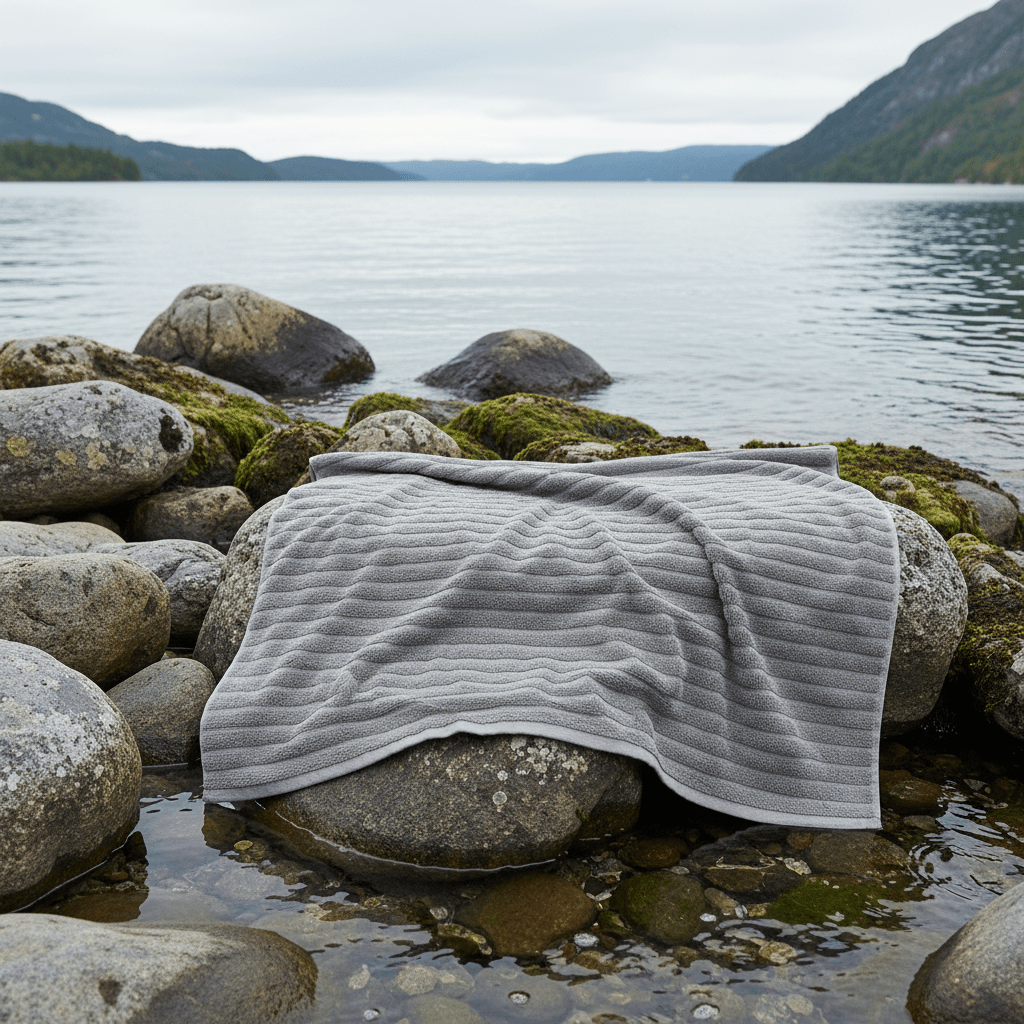Grått Inu badehåndkle fra Zone Denmark lagt over steiner ved vannet i nordisk naturmiljø.