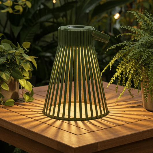 LED solarlykt på steinhelle ved vindu og grønne planter