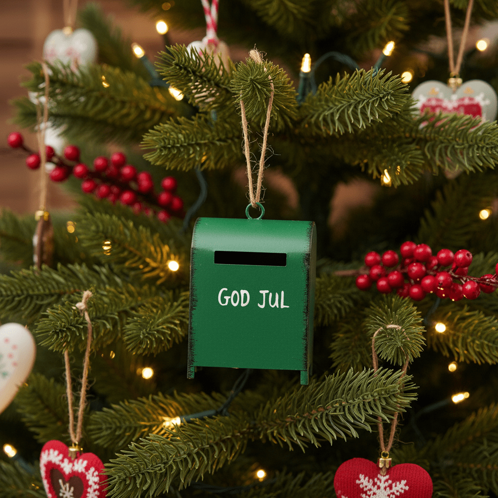 Julepynt med grønn postkasse og hvit tekst for klassisk julestemning