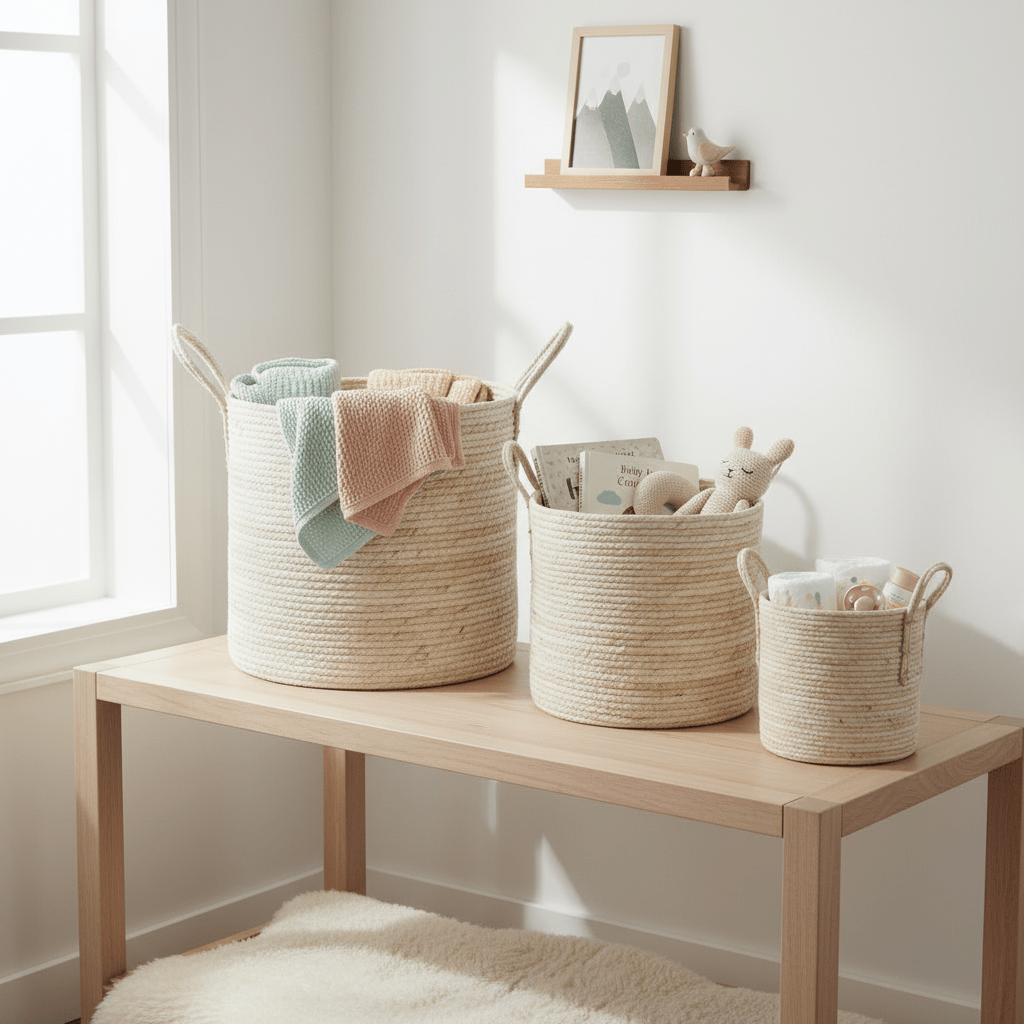 3 - pk Kurv rund flettet maisblad - Lindas Dekor