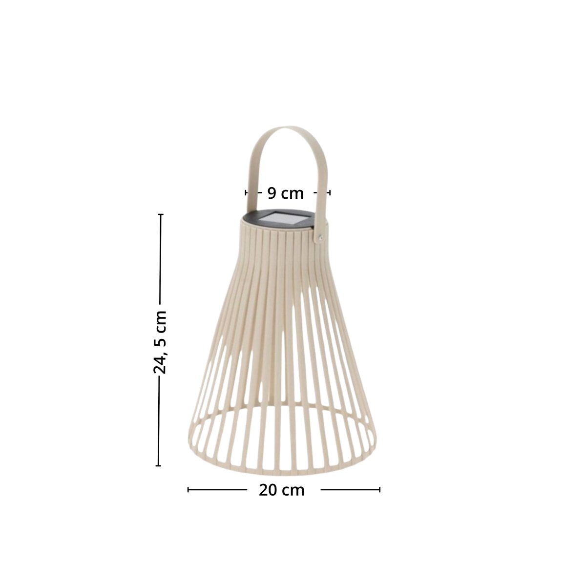 Beige solarlykt vist med målene 20 cm i bredde, 9 cm i dybde og 24,5 cm i høyde. - Lindas dekor