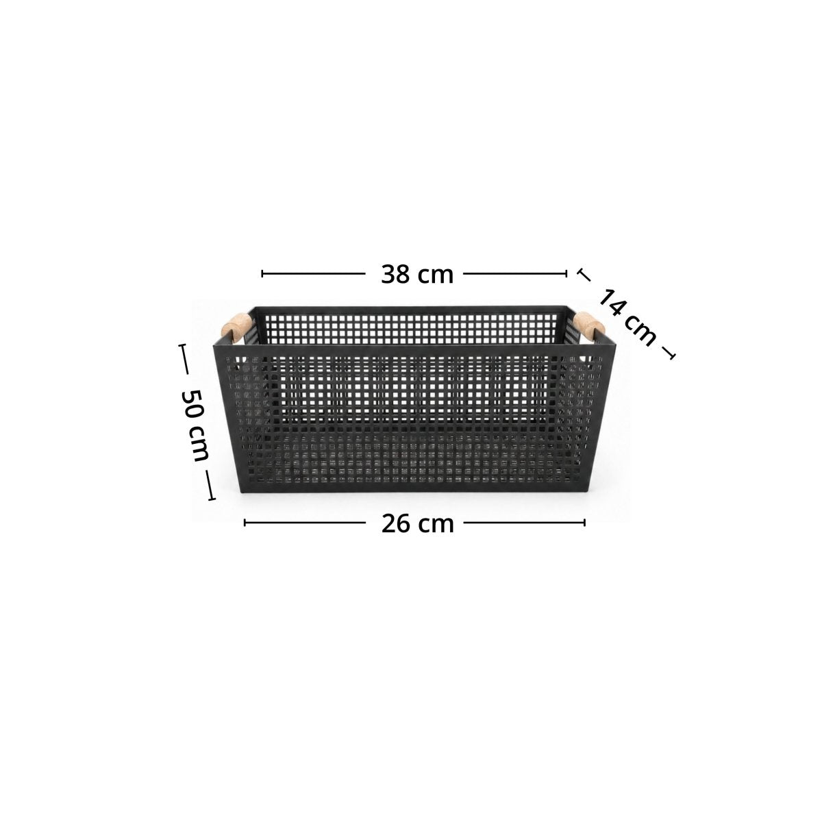 Mål på sort oppbevaringskurv i metall med trehåndtak: 38 x 26 x 14 cm. - Lindas dekor