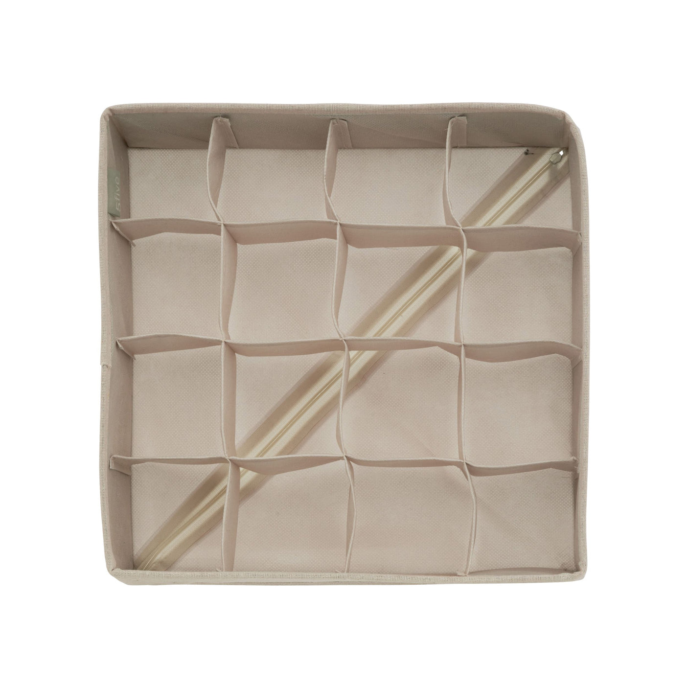 Beige skuffeorganiser sett ovenfra, med 16 separate rom.