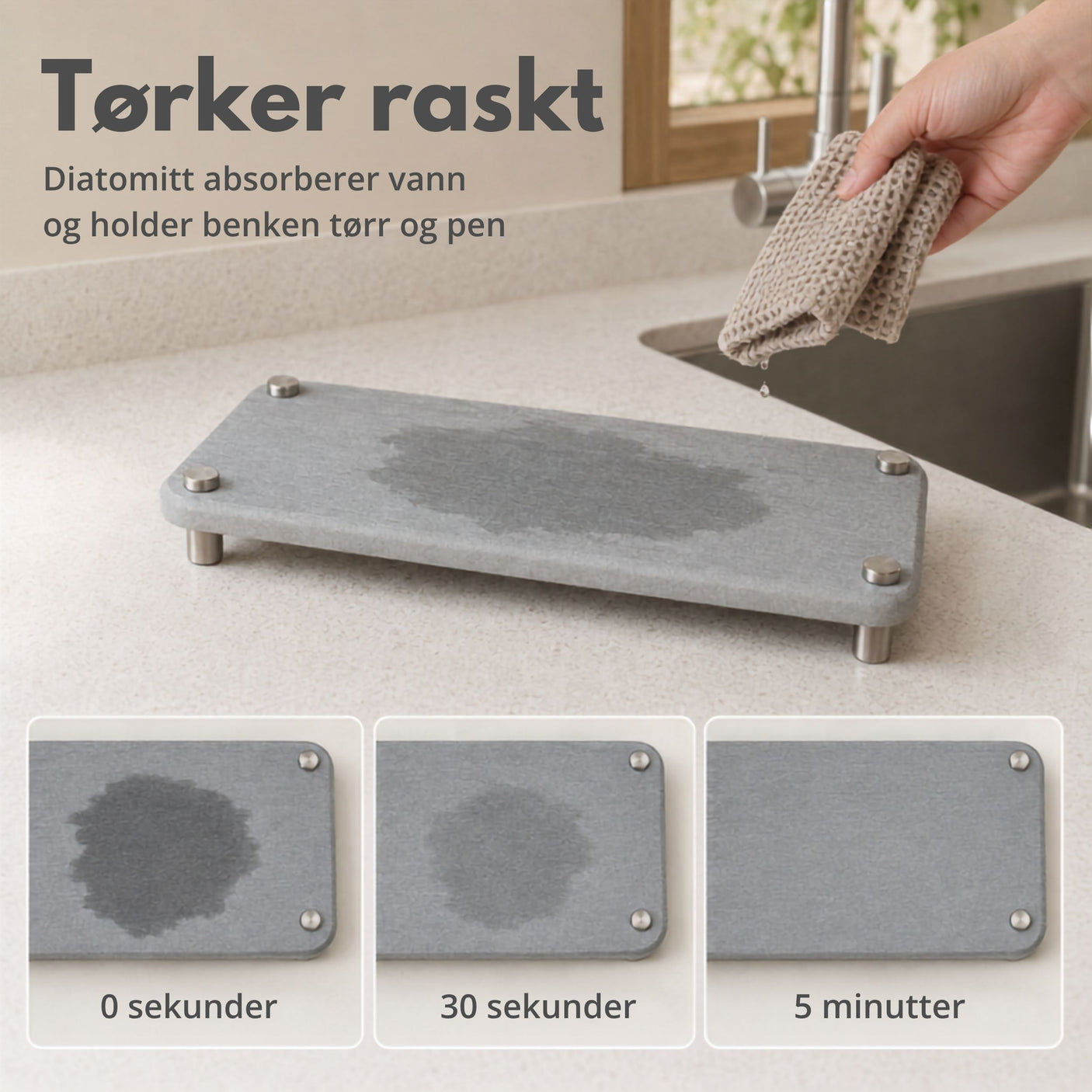 Grått diatomittbrett til kjøkkenbenk med mål 28 x 11 x 3,6 cm