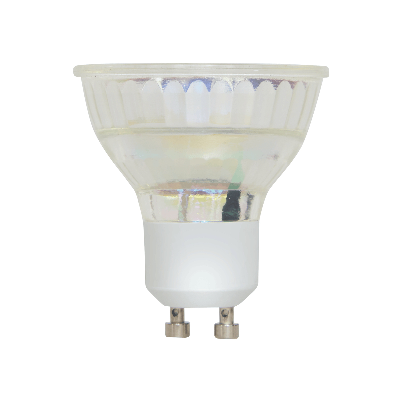 GU10 LED pære 4,5 W med varmhvitt lys, klart glass og GU10 sokkel, vist rett forfra
