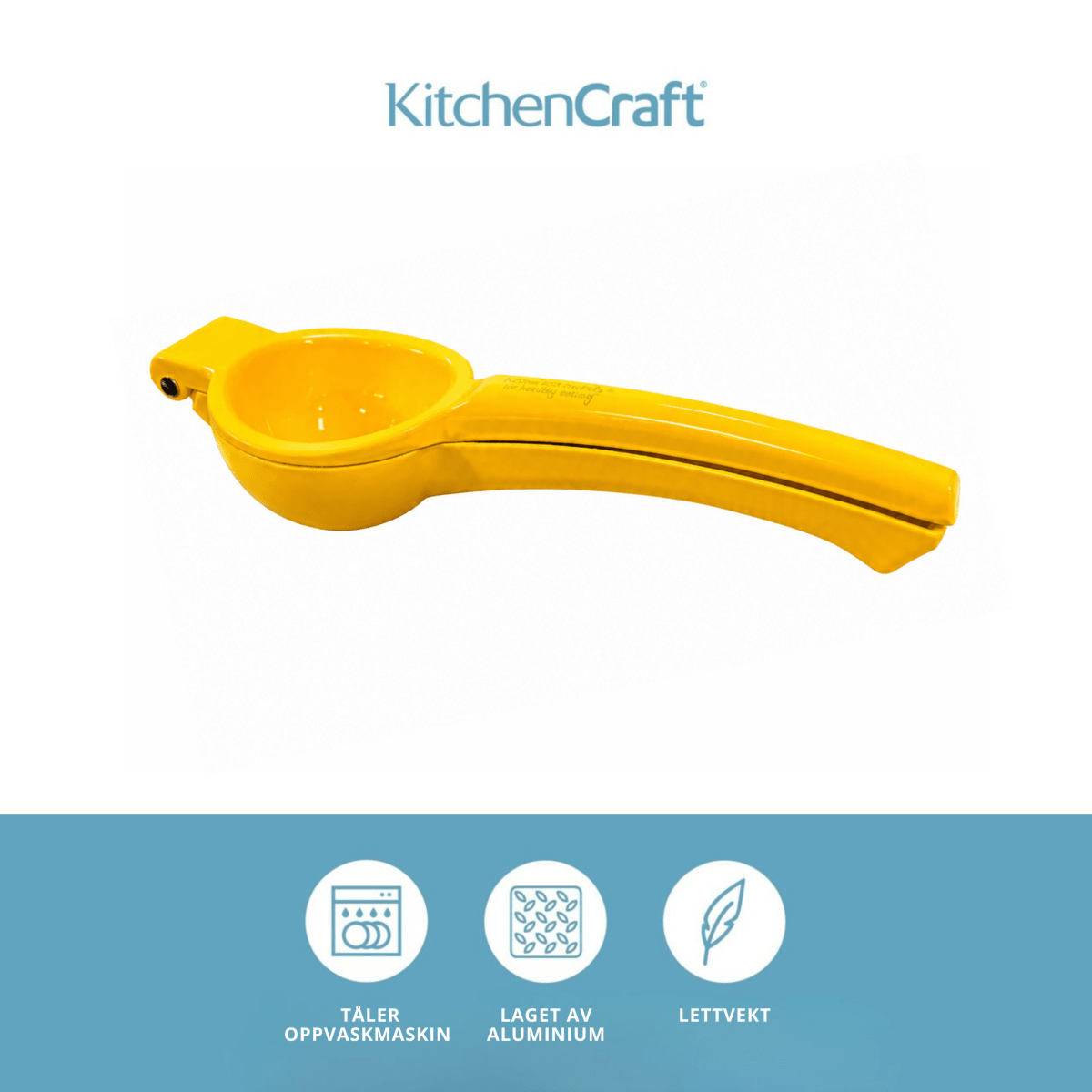 Produktpresentasjon av gul KitchenCraft-sitronpresse med logo og ikoner som viser produktets egenskaper. - Lindas dekor