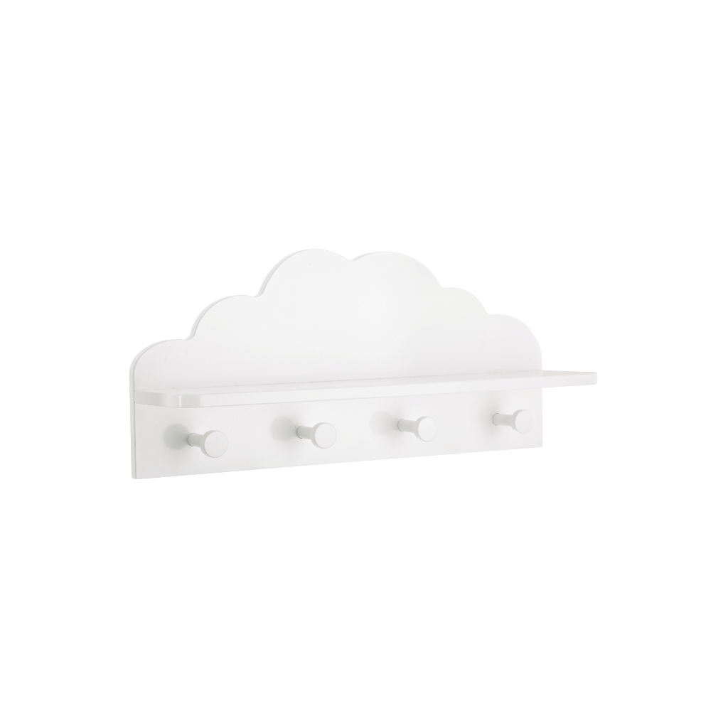 Hvit Cloud knaggrekke formet som en sky med hylle og fire knagger på hvit bakgrunn.