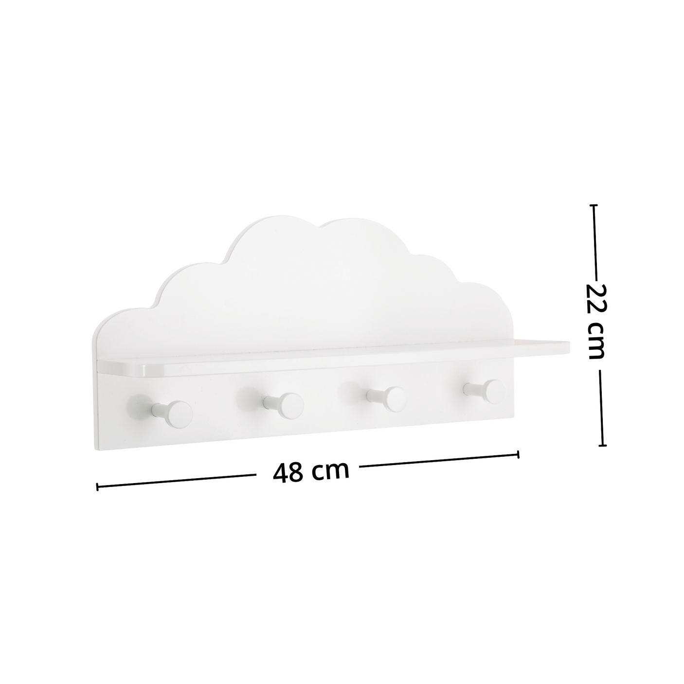 Hvit Cloud knaggrekke med fire knagger vist med mål 48 x 22 cm.