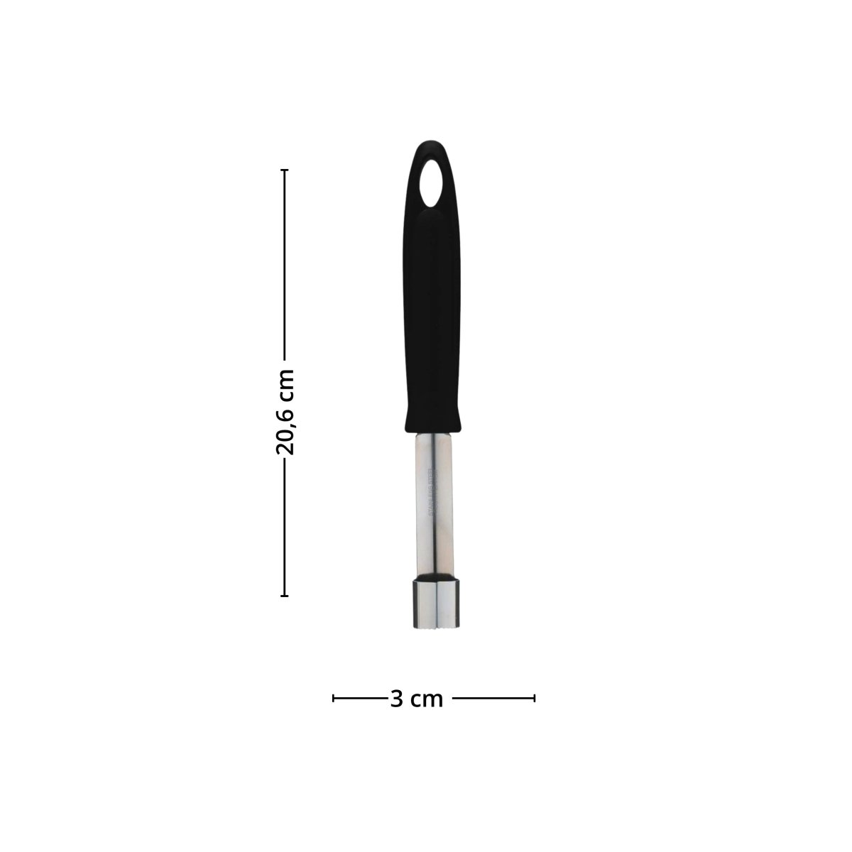 KitchenCraft äppleskärare i rostfritt stål med svart handtag, visas på vit bakgrund med produktmått