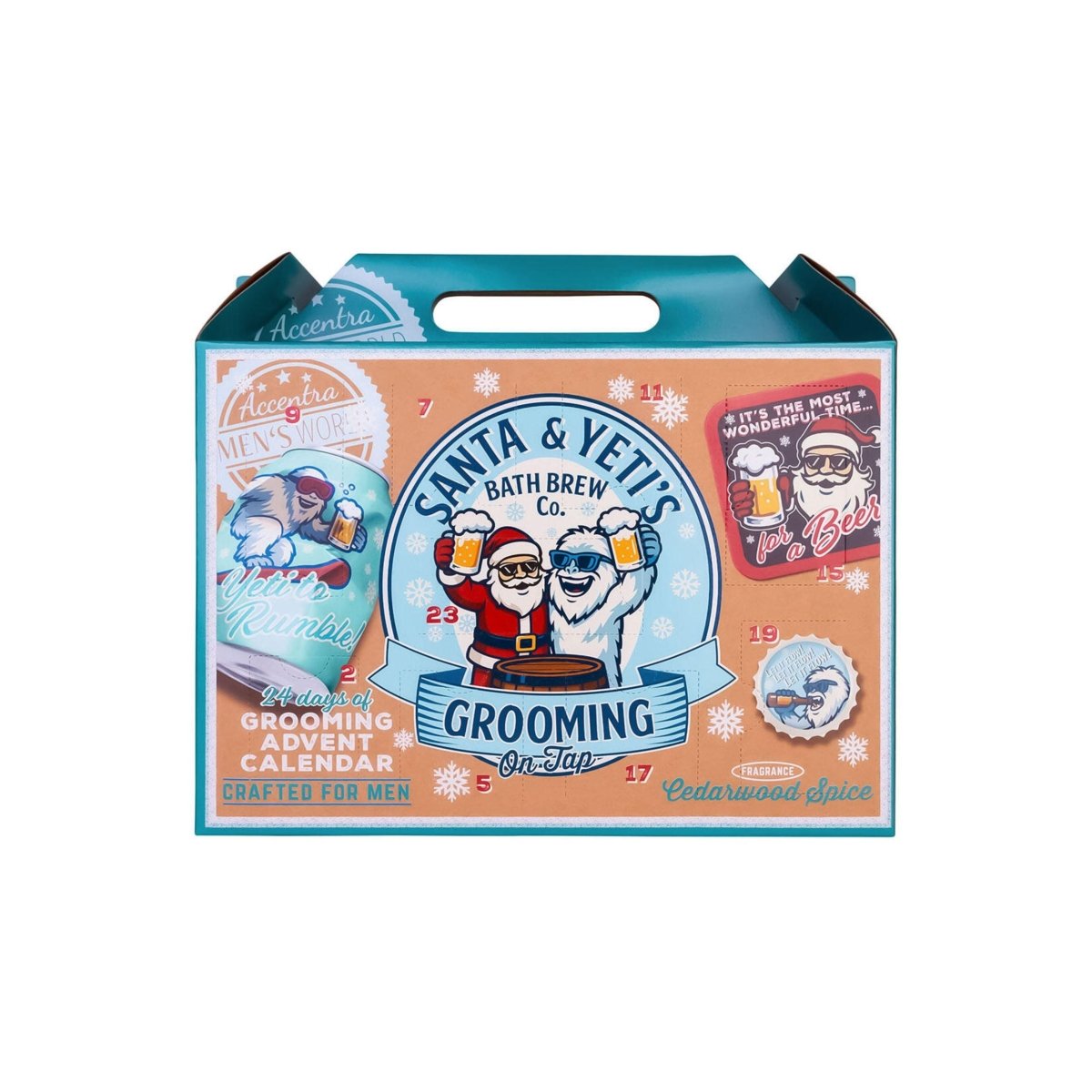 Adventskalender med 24 luckor och öltema, turkos och orange presentask med jultomte, grooming-motiv och bärhandtag.