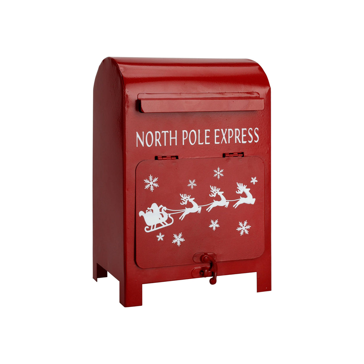 Røde julepostkasser i metal med julemotiv