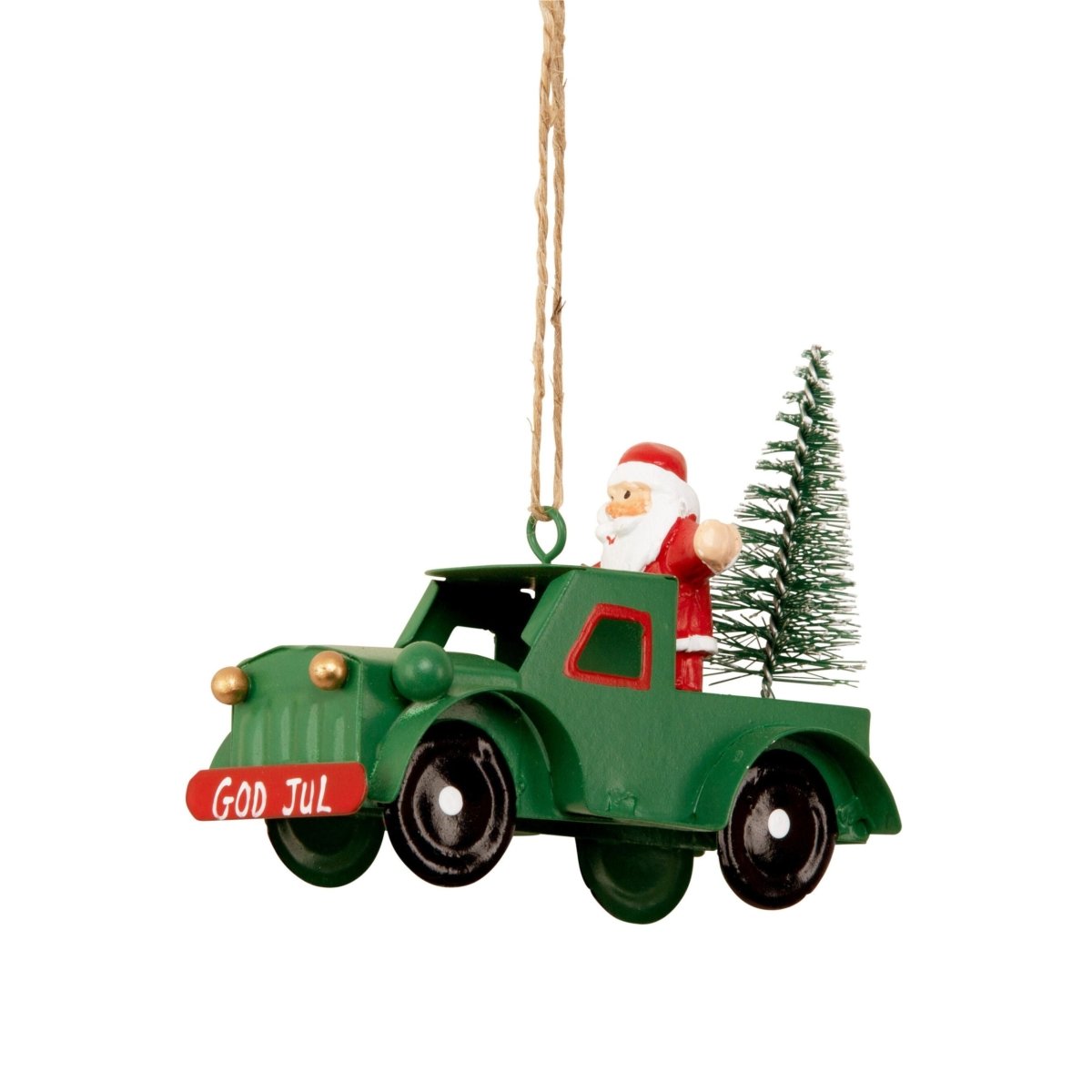 Grön metallbil med tomte och juletre till jul
