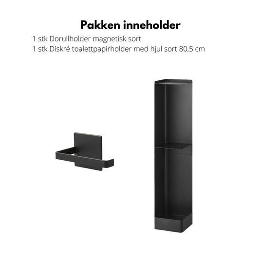 Sort baderomssett med toalettpapirholder på hjul og magnetisk dorullholder