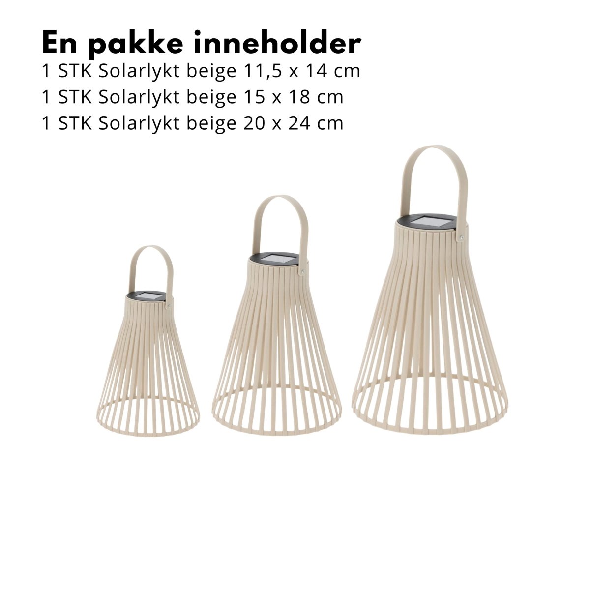 Sett med tre solcellelykter med LED lys til terrasse