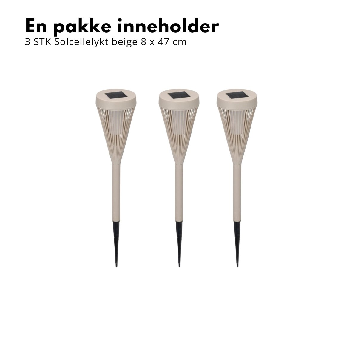 Beige solcellelykter med varmt lys i blomsterbed