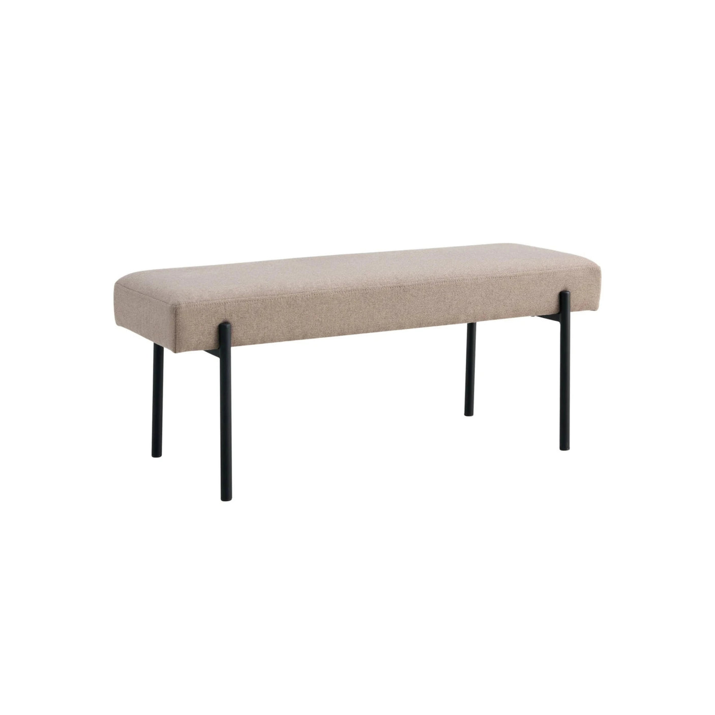 Swindon benk bouclé stone 100 cm med rektangulært sete, strukturert tekstiltrekk og slanke sorte ben