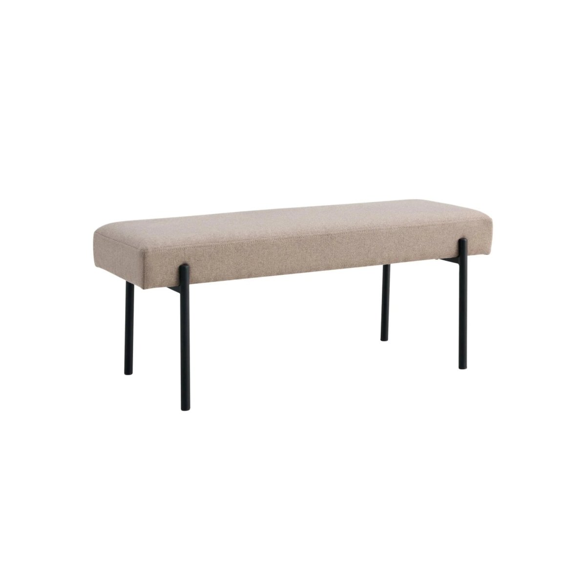 Swindon benk bouclé stone 100 cm med rektangulært sete, strukturert tekstiltrekk og slanke sorte ben