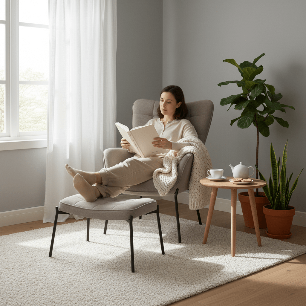 Glasglow sett lounge stol og puff grå - Lindas Dekor