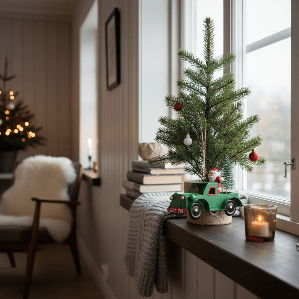 Grønn metallbil med nisse og juletre som julepynt i vinduskarm i nordisk stue