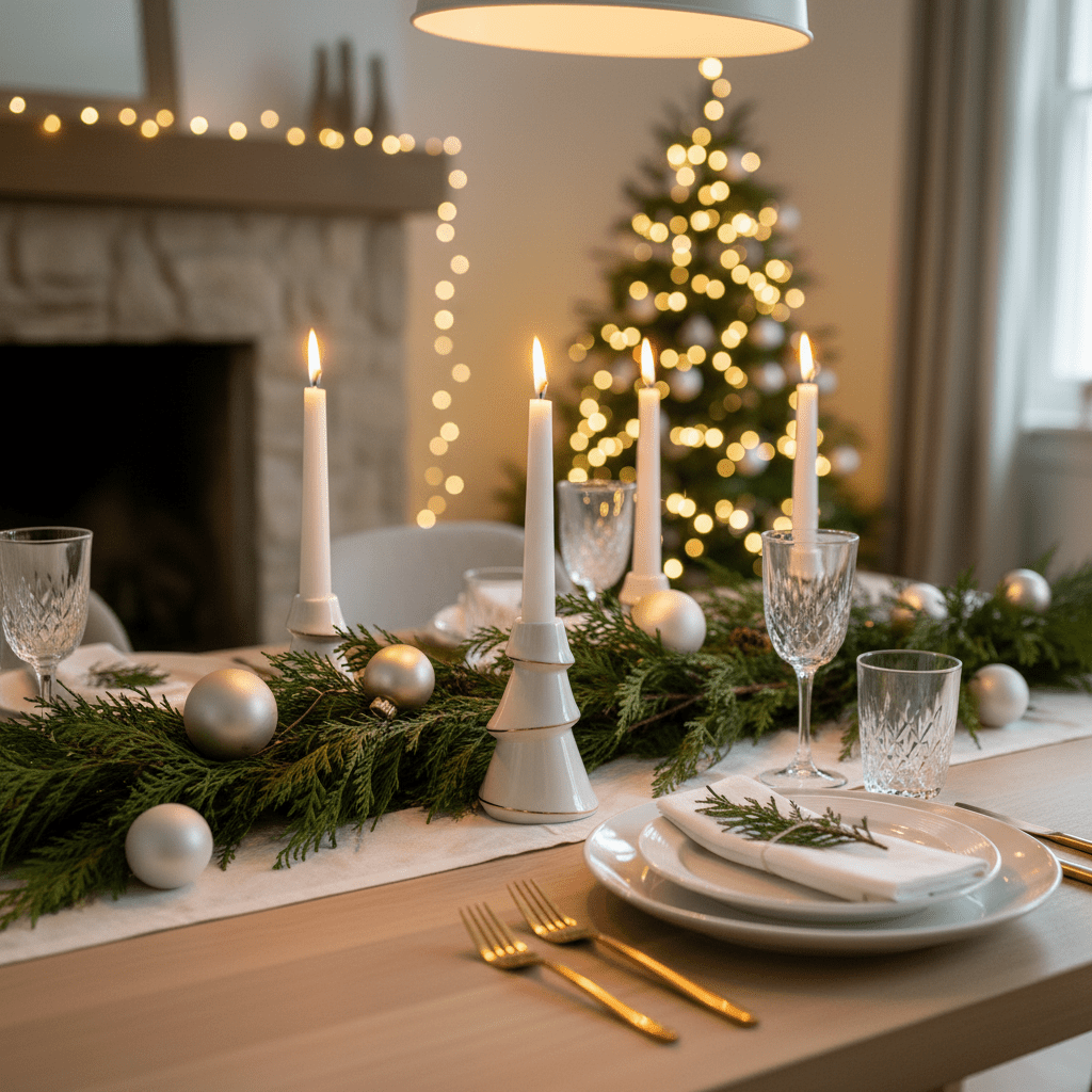 Elegant julepyntet spisebord med hvide lysestager formet som juletræer med guldkant og tændte stearinlys, omkranset af grangrene og juledekorationer i varm, festlig belysning