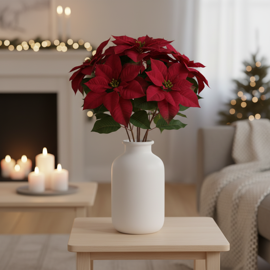 Røde julestjerner 70 cm i høy hvit vase 60 cm - elegant juledekorasjon i nordisk stil med stemningsfull belysning