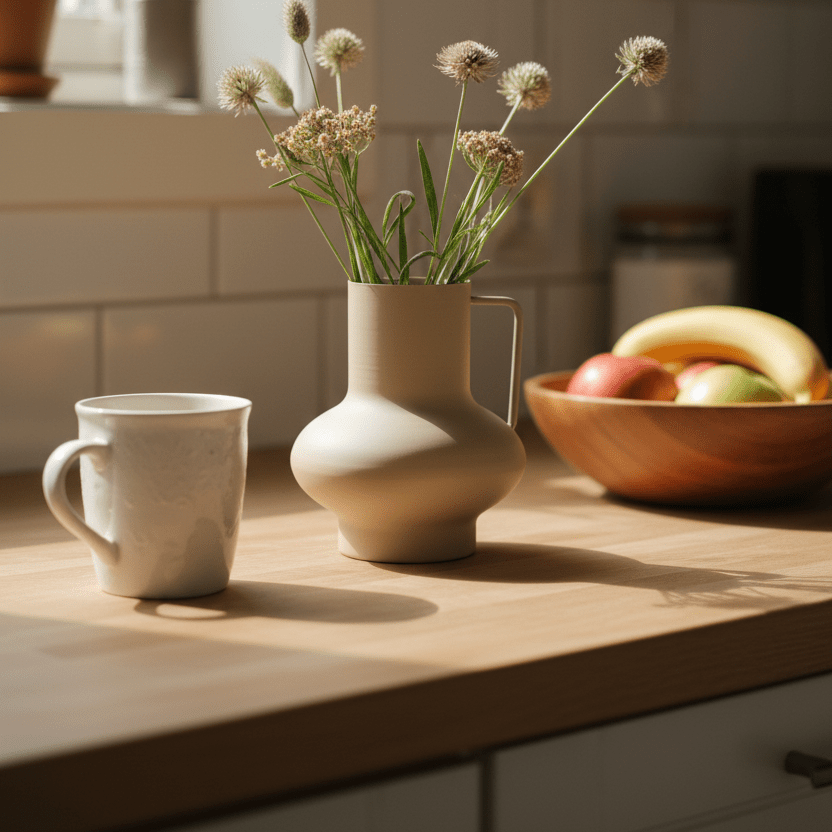 Sandfarget metallvase med tørkede blomster på kjøkkenbenk i nordisk hjem