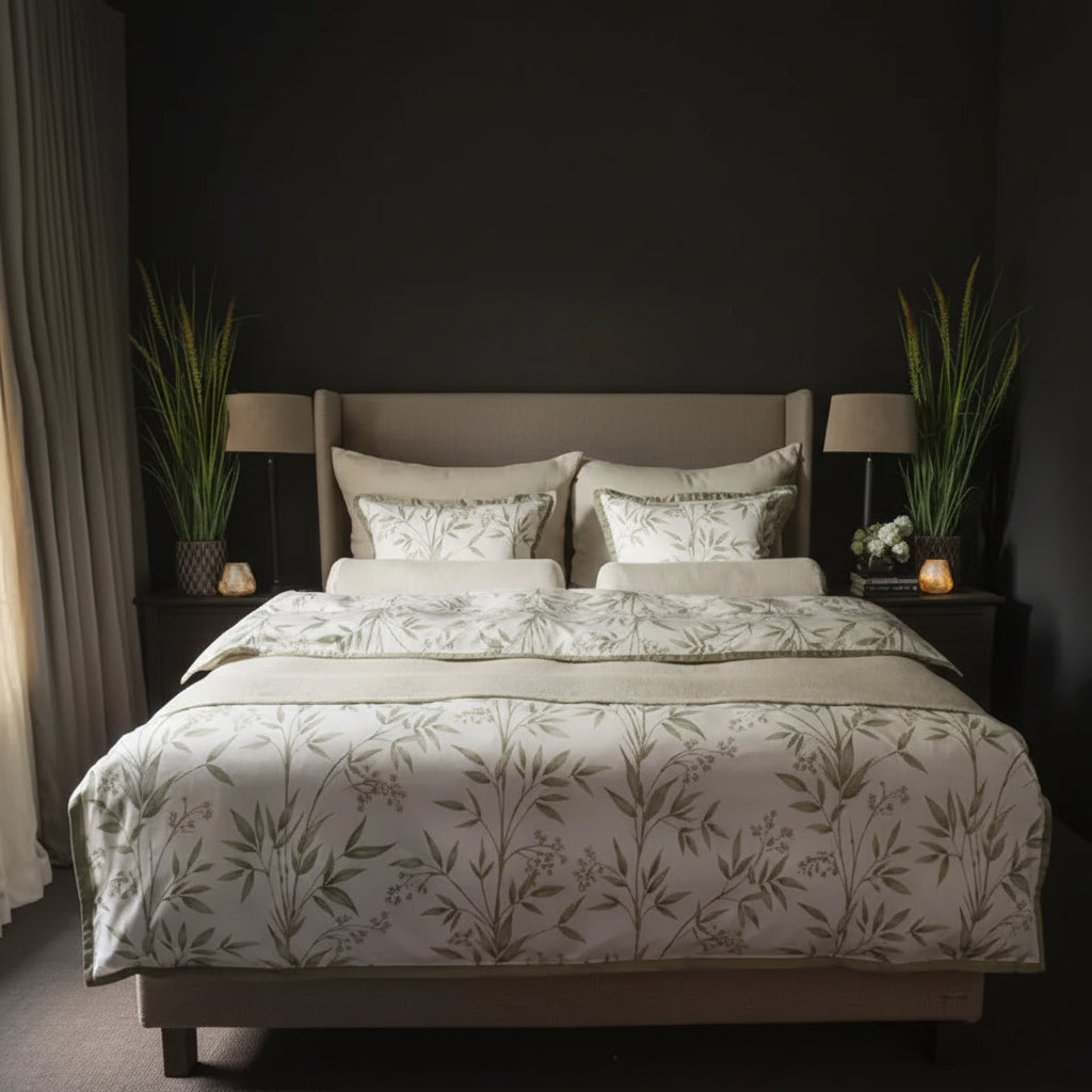 Eksklusivt grønt dynetrekk og putevar i bomullssateng