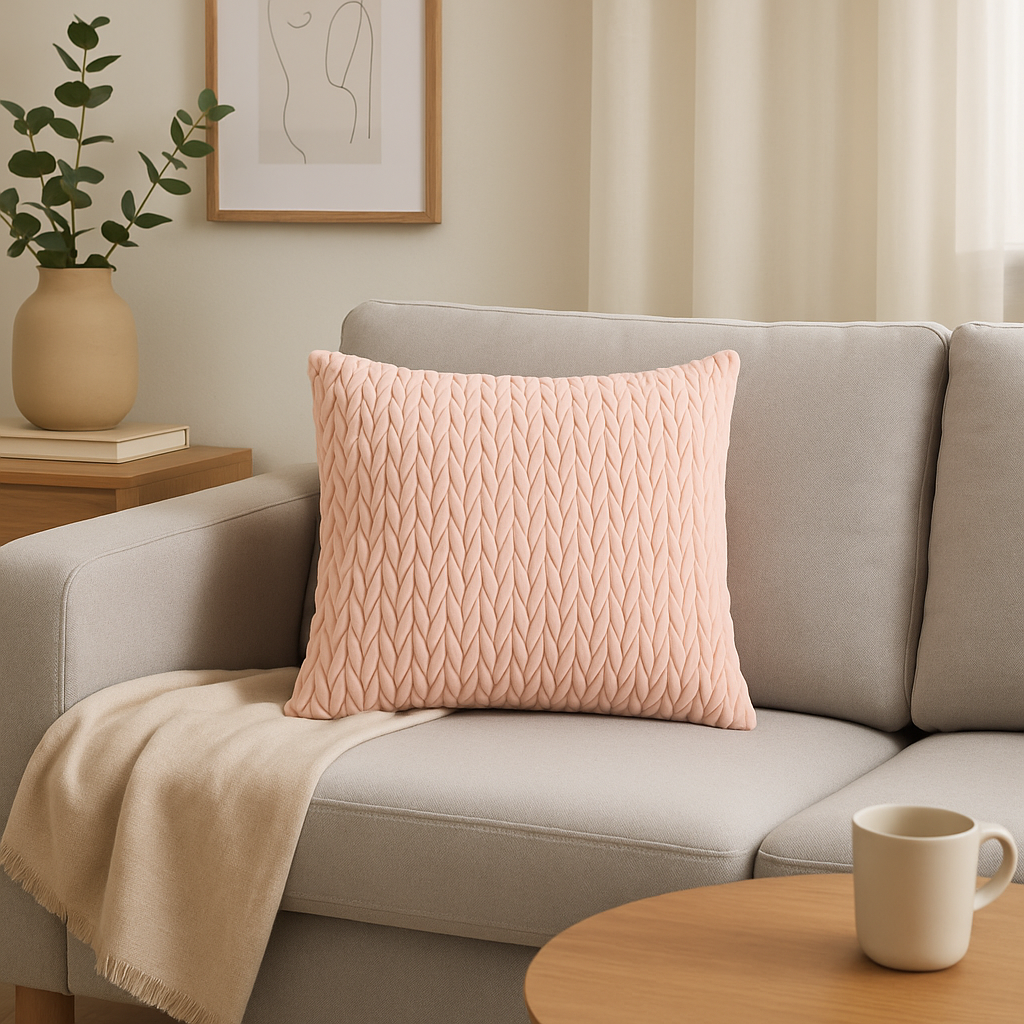 Dekorativt lyserosa putetrekk med flettet velurtekstur plassert på en lys sofa.