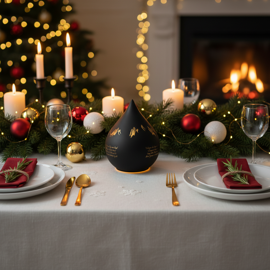 Sort dråpeformet LED-lyslykt 16 cm med nordisk design på julepyntet bord med granbar, julekuler og stearinlys i varm julekos