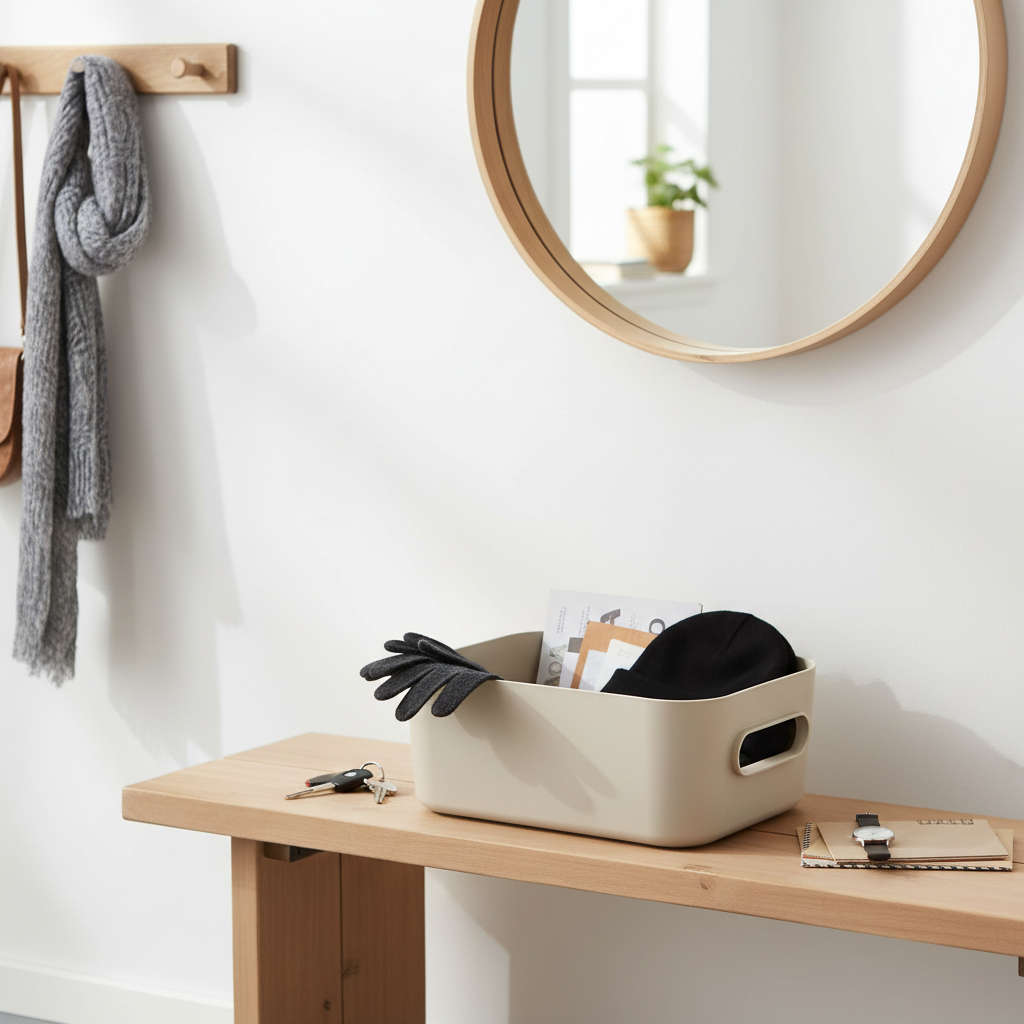 Beige organiseringsboks til bad, garderobe, gang og vaskerom