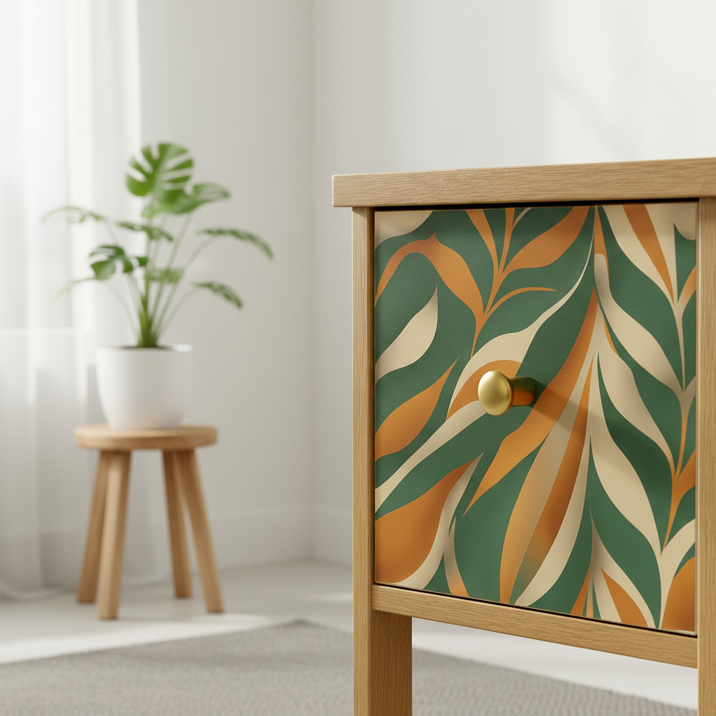 Nærbilde av boho leaves kontaktplast på møbel