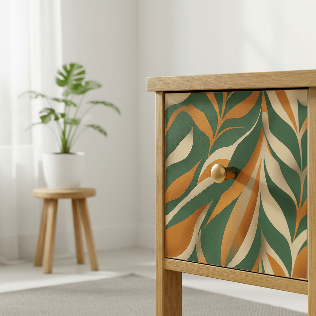 Nærbilde av boho leaves kontaktplast på møbel