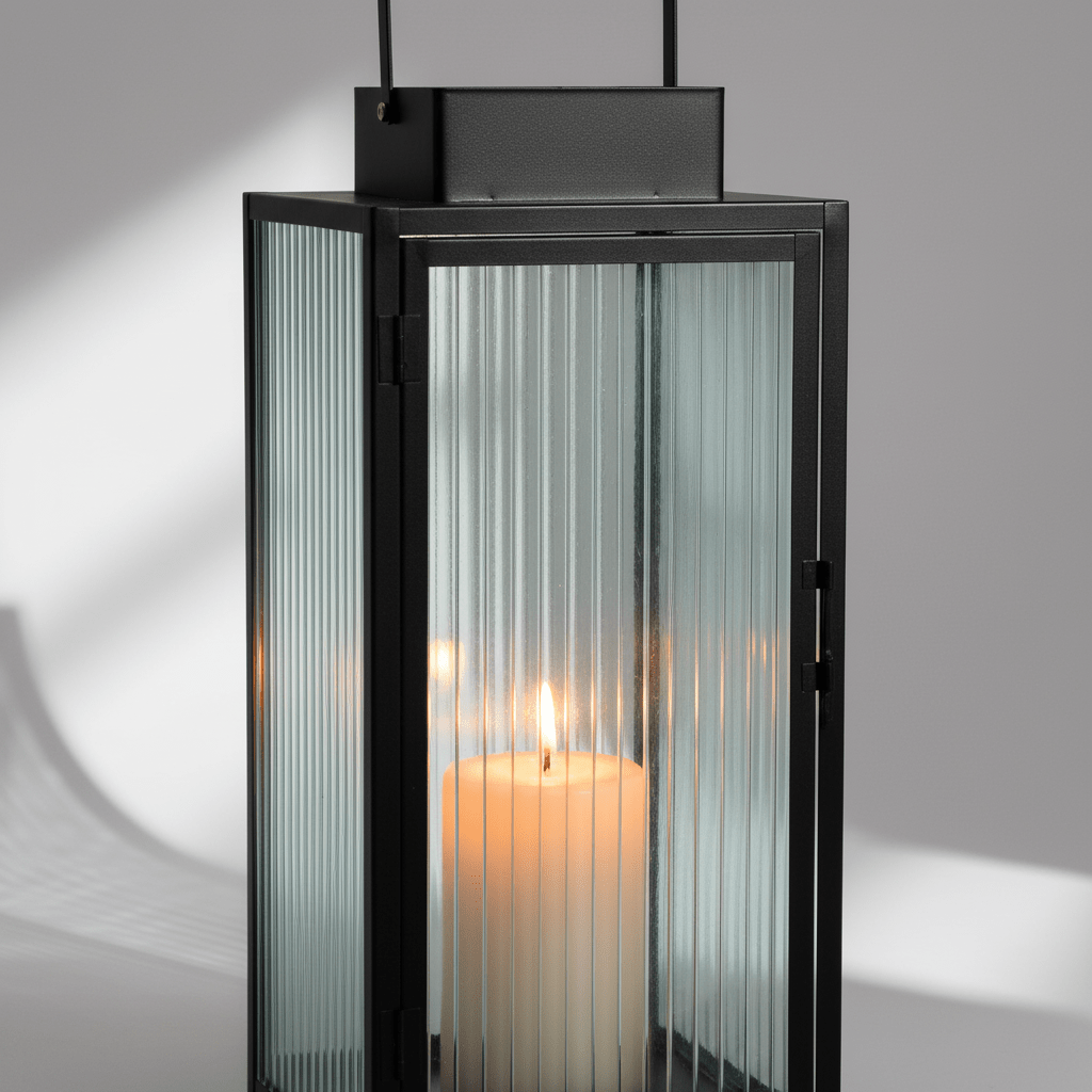 2 - pk Lykt sort metall stripet glass - Lindas Dekor