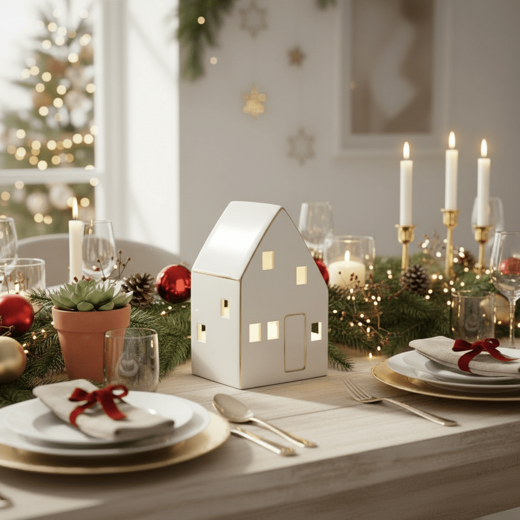Nordby lille på julepyntet bord med grangrene, julekuler og stearinlys i varm julekos