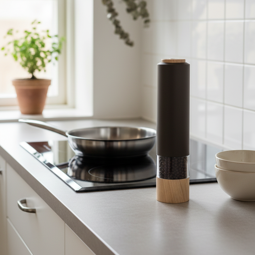 Elektrisk pepperkvern stående på kjøkkenbenk ved komfyr i moderne kjøkken.
