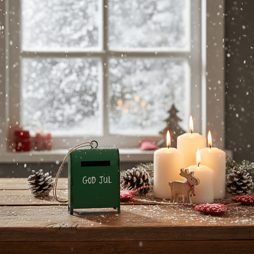 Grønn juledekor formet som postkasse med God Jul motiv