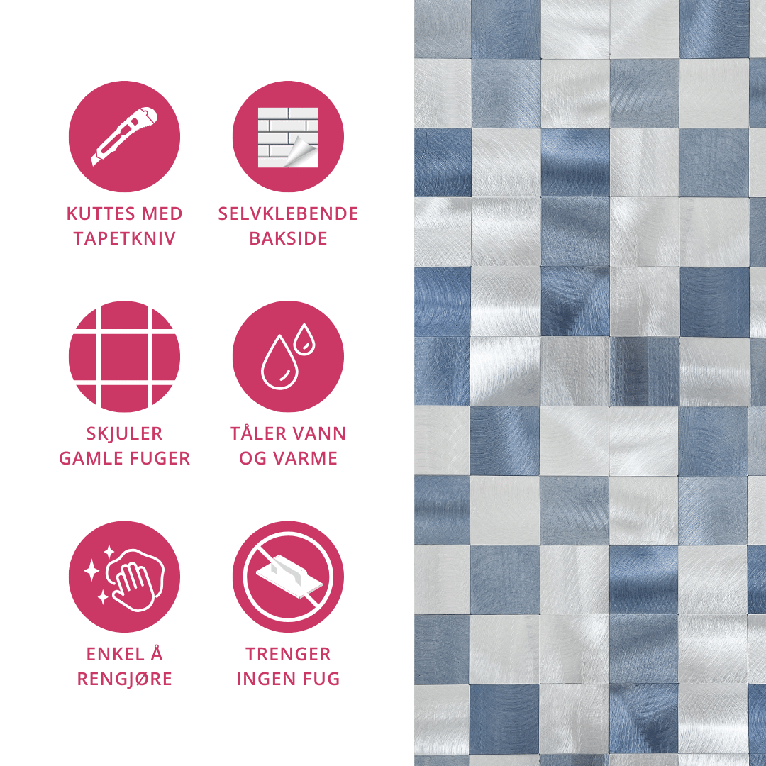 Informasjonsbilde som viser egenskaper ved Lykke selvklebende fliser