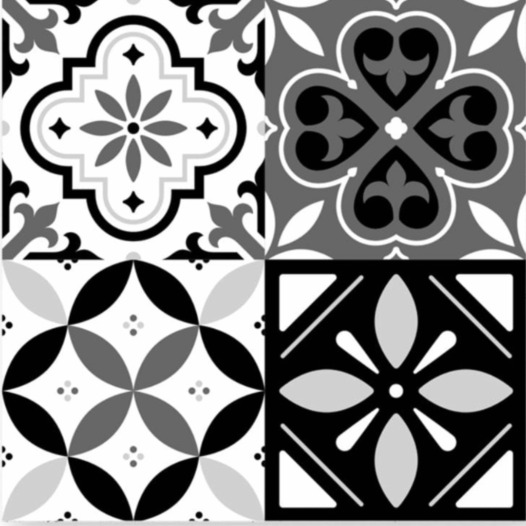 Paris selvklebende fliser imiterer fliser i et klassisk design som gir et stilig og spenstig uttrykk i hvitt, sort og gråtoner. Passer for alle gulv og vegger.