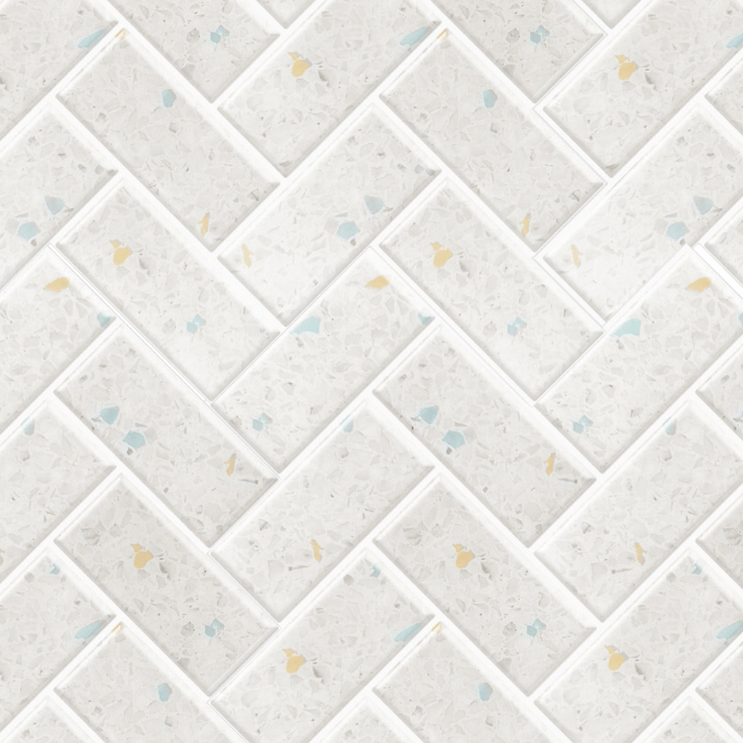 Terrazzo fiskebein selvklebende veggfliser imiterer terrazzo i fiskebeinsmønster i behagelige lyse toner. Passer godt til kjøkken og bad.