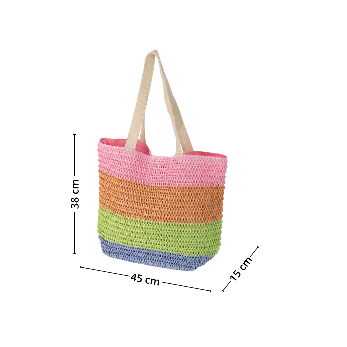 Stripete strandbag i rosa, oransje, grønn og blå med korte bærehåndtak og mål 38x45x15 cm.