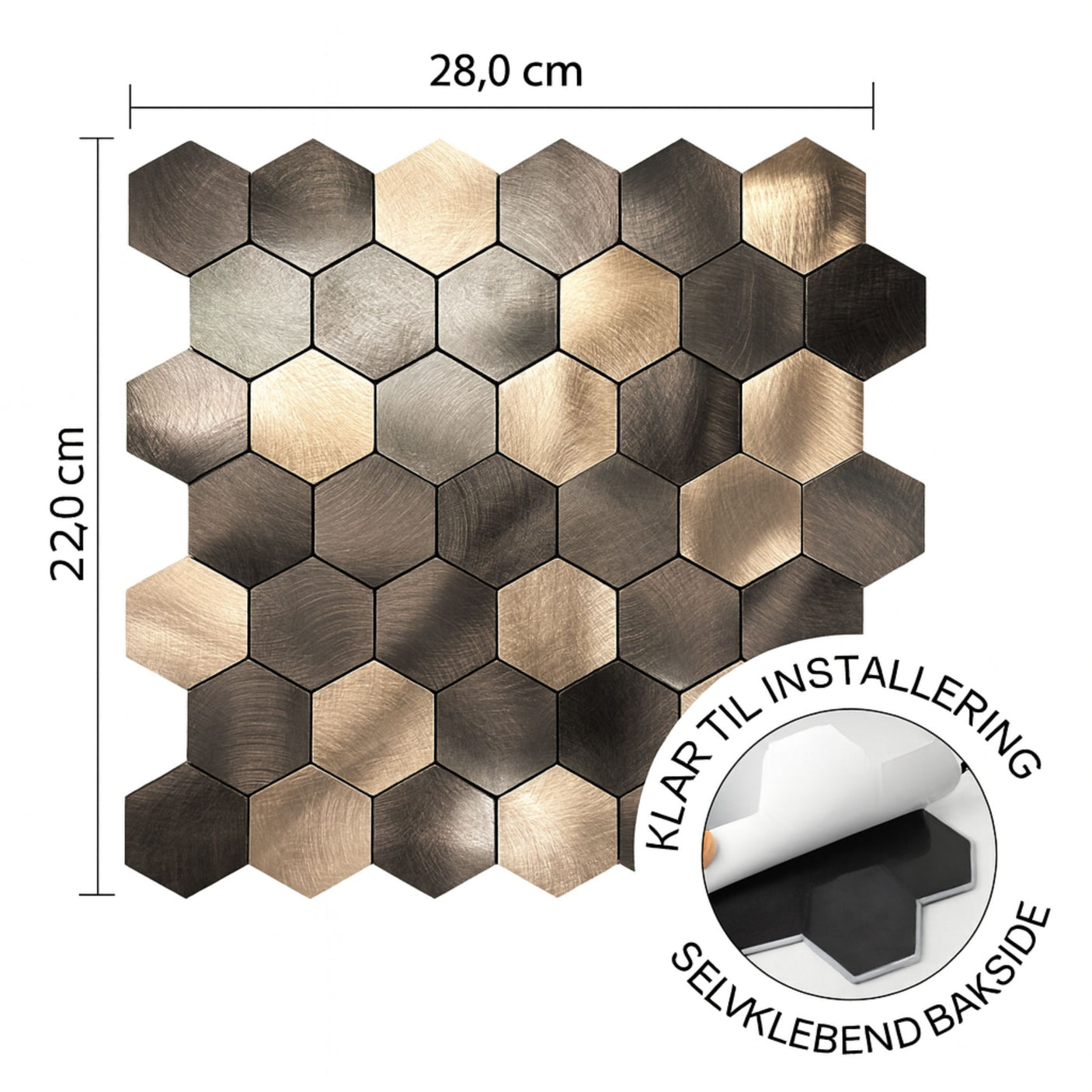 Latte hexagon selvklebende fliser med mål og størrelsesguide.
