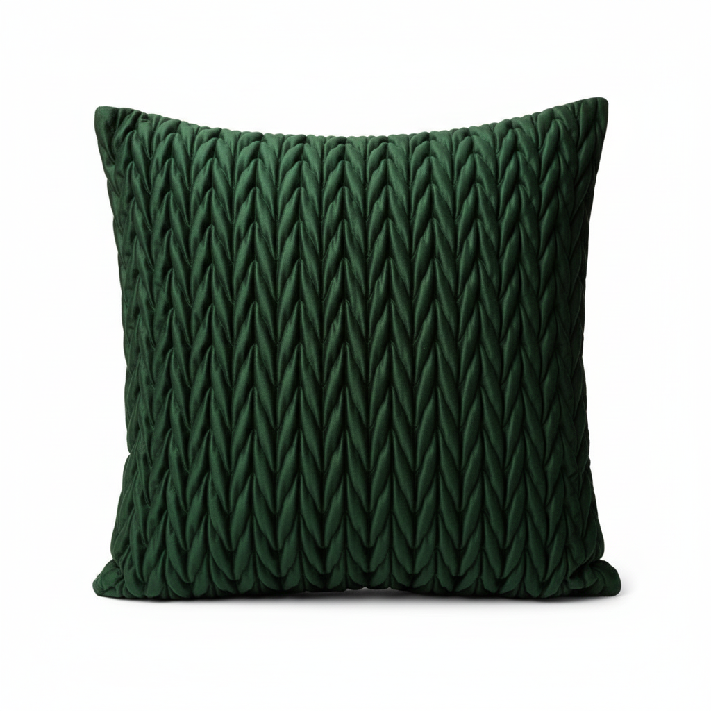 Mørkegrønt pyntepute-trekk i velur med strukturert overflate og luksuriøst preg.