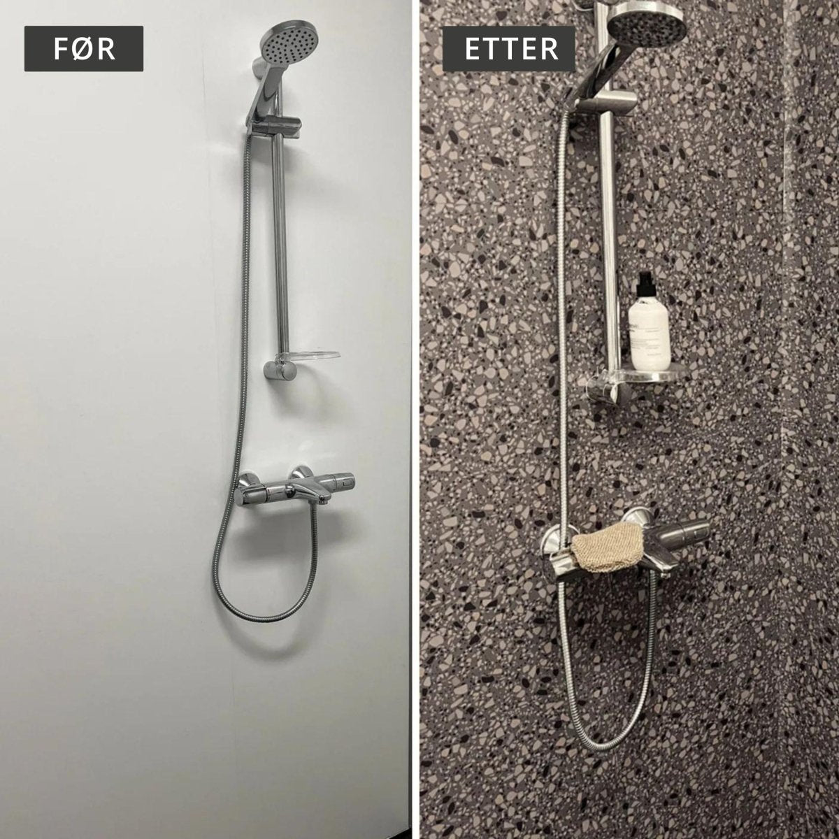 Clemont terrazzo fliser brukt på baderomsvegg med beige detaljer