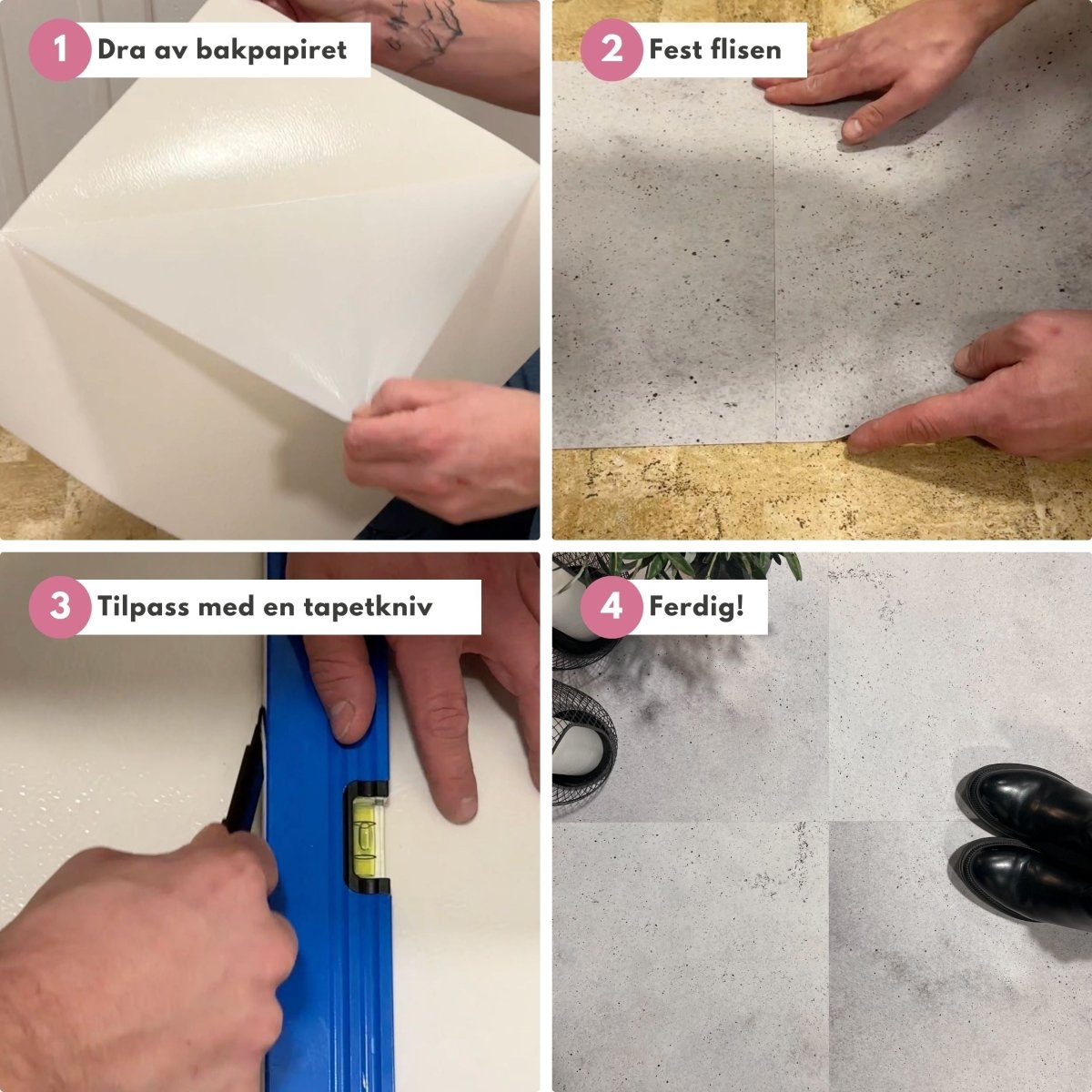Grå selvklebende fliser til gang og kjøkken i matt betonglook